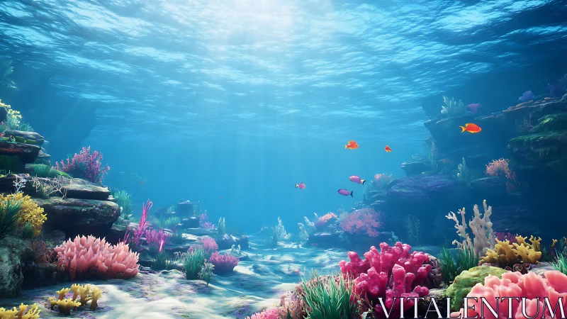 Sunlit coral reef panorama with vivid tropical fish life.