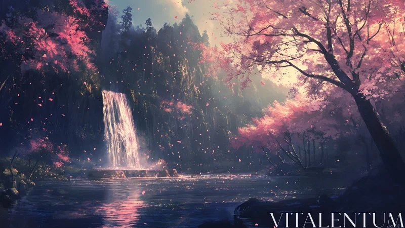 Sunlit waterfall cascades through ethereal sakura forest gorge