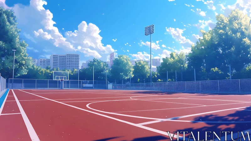 Empty outdoor basketball court under clear summer sky