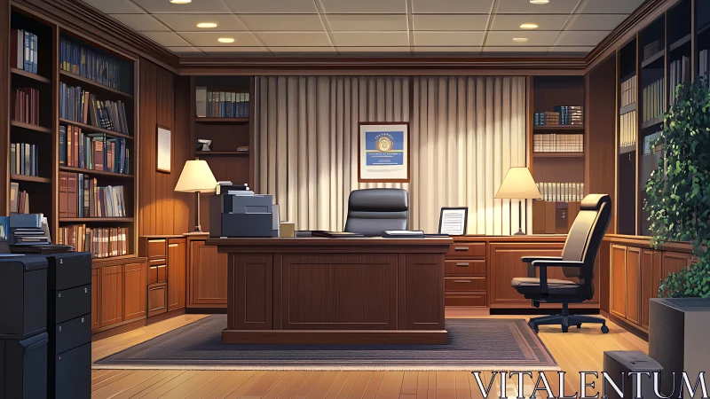 Executive office interior uses balanced lighting and wood paneling