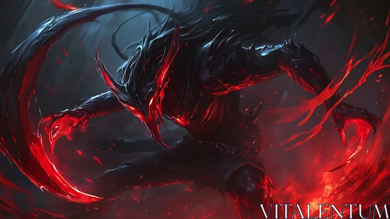 Shadowflame warrior rising from stormlit crimson chaos.