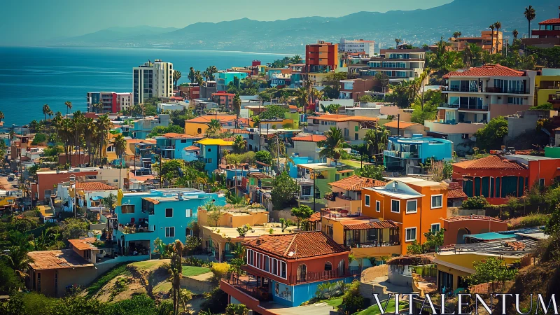 Colorful coastal hillside neighborhood glows under clear skies