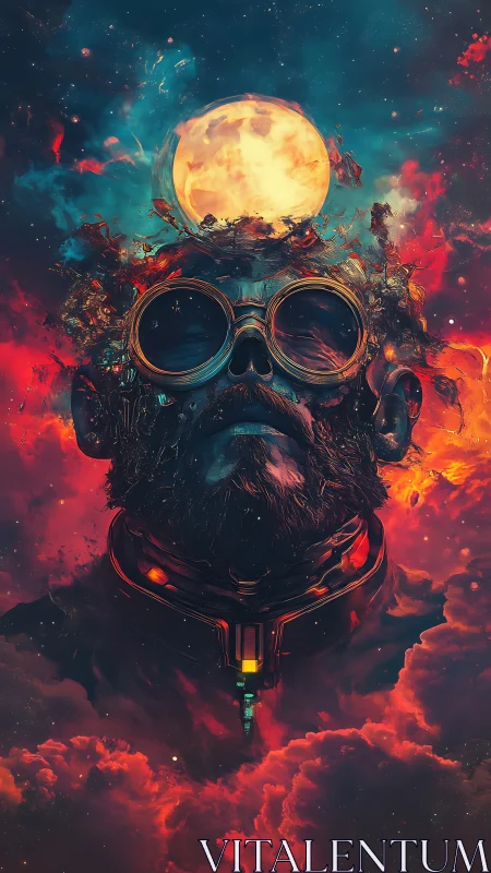 Luminous lunar-engineered cosmonaut head in nebular combustion.