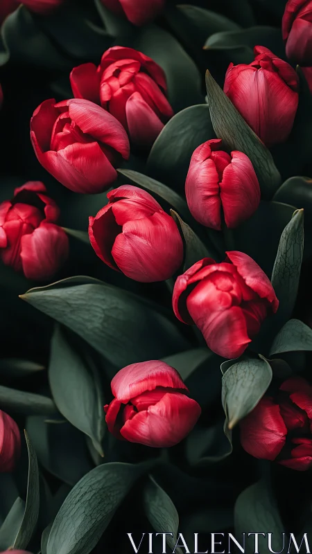Crimson Tulips Against Dark Foliage. Botanical Study.