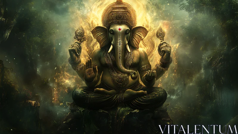 Radiant elephant deity seated in swirling emerald mist.