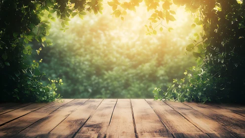 Sunlit garden stage framed by wandering emerald leaves.