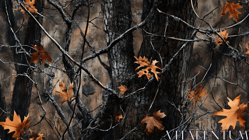 Autumn oak leaves cling to dark bark and tangled branches.