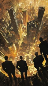 Executives overlook vast golden city from towering ledge.