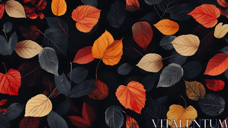 Multicolored autumn leaves pattern on dark background.