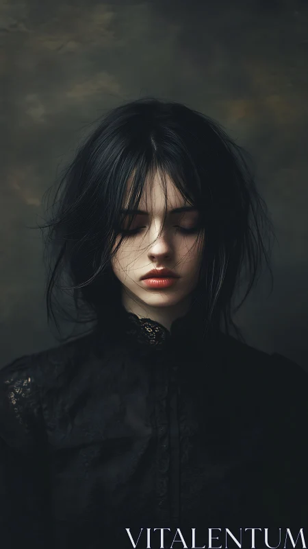 Young woman with closed eyes in dark lace dress