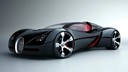 Low-slung black hypercar concept with red cockpit and chrome wheels