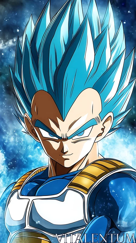 Blue-haired armored anime warrior under cosmic light.