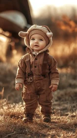 Toddler in Brown Coveralls with Bunny Hood, Rural Sunset Setting.
