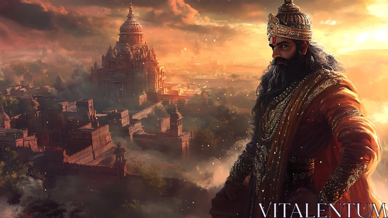 Bearded royal figure overlooks vast ancient palace city at dusk