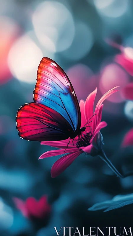Blue and red butterfly on pink flower in soft focus field.