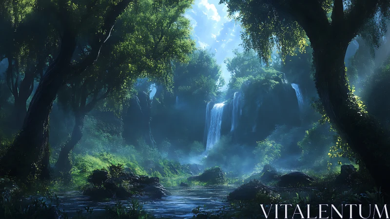 Forested canyon with cascading waterfall and misty atmosphere