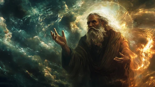 Wise cosmic wanderer shaping swirling starlit skies.