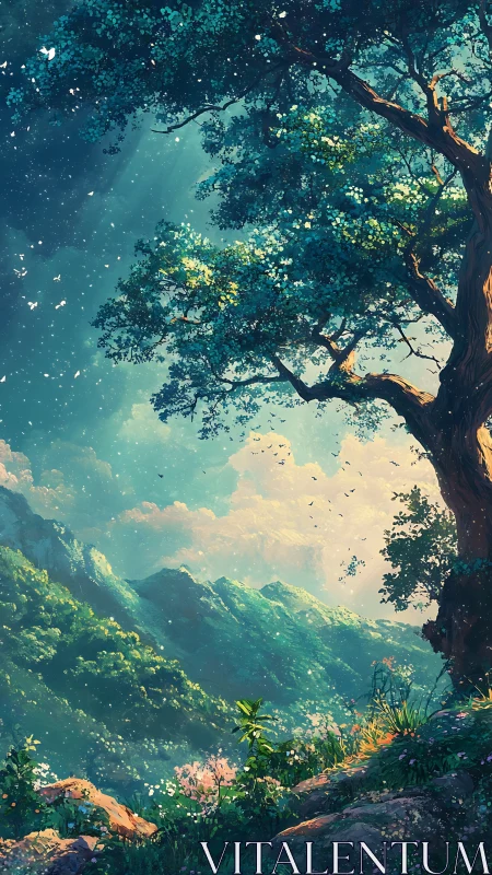 Sunlit mountain valley beneath a watching elder tree.