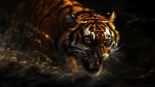 Dynamic low-key rendering of tiger sprinting through splashing water