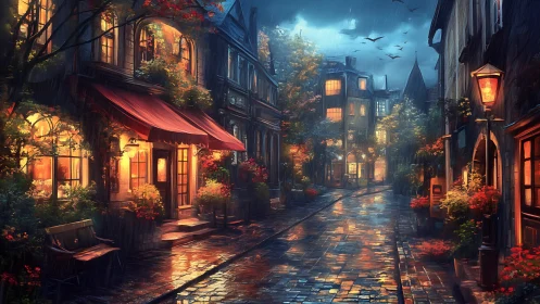 Rain-soaked European street glowing with warm window lights.