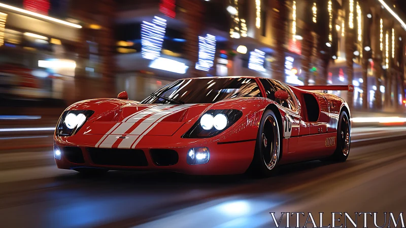 Red race car moves through illuminated urban street at night
