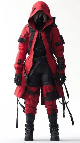 Hooded cyberpunk operative in tactical red streetwear gear.