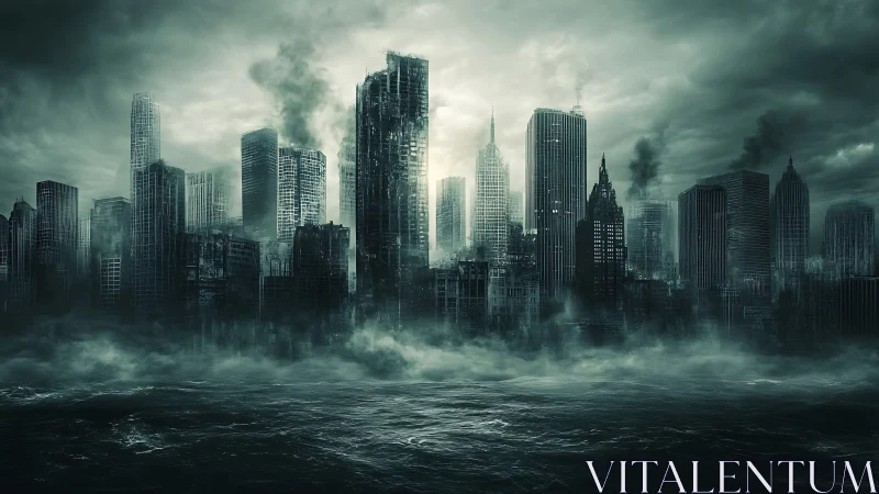 Ruined flooded city skyline under heavy storm clouds.