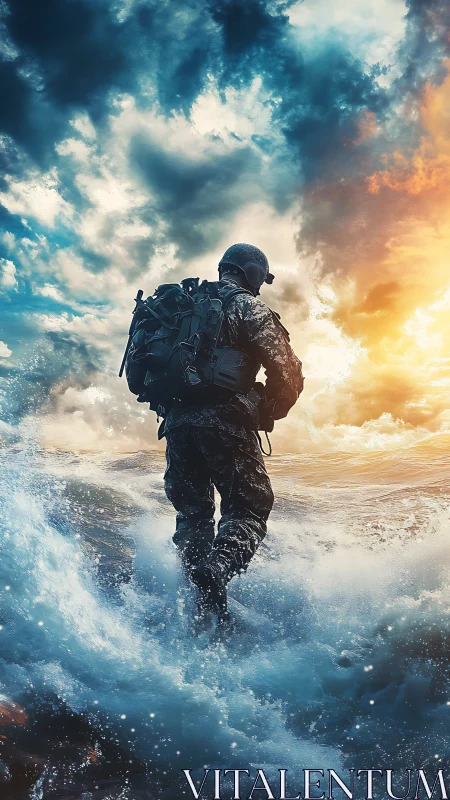 Backlit tactical soldier wading through surf under storm sky