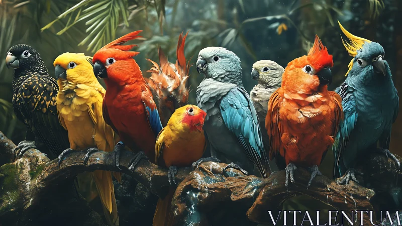 Vibrant Tropical Parrots Perched on Branch in Realistic Style.
