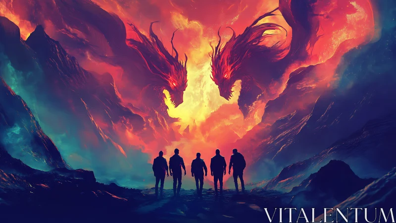 Five figures confront twin fire dragons in blazing canyon
