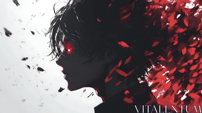 Crimson-eyed silhouette dissolving into storm-torn embers.