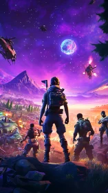 Night battlefield landscape with armed figures and aircraft.