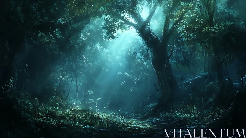Atmospheric forest passage with diffused light.