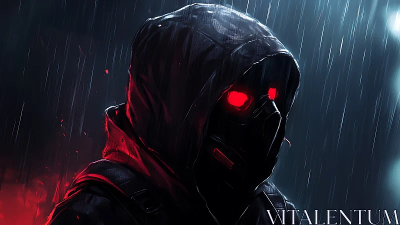 Hooded cyber-assassin with neon red optics in torrential rain