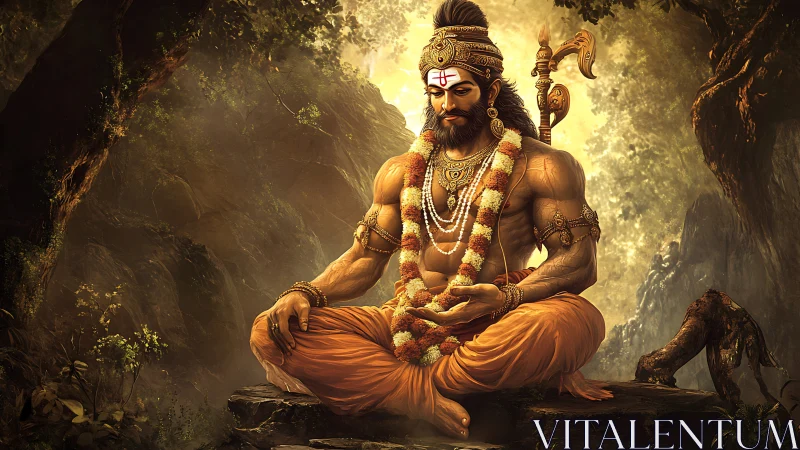 Meditating warrior sage glows in a sacred golden forest