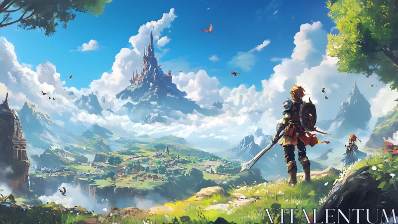 Heroic adventurers survey a vast fantastical valley landscape