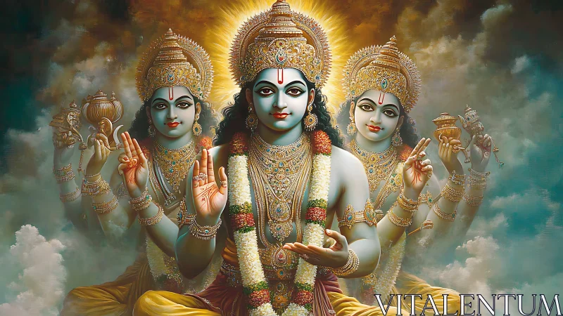 Central multi-armed deity figure flanked by mirrored forms