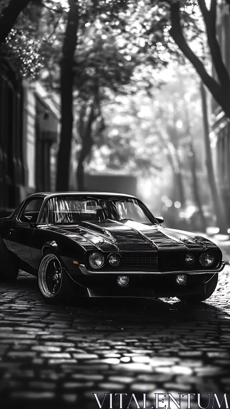 Monochrome muscle coupe on wet cobblestone under dappled light.