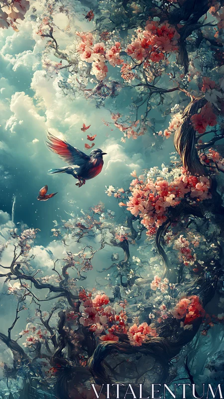 Avian ascent through twisting sakura canopy under luminous clouds