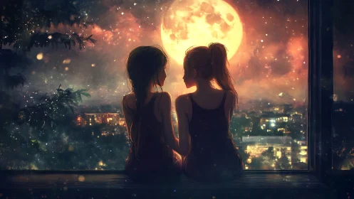 Moonlit friends sharing a quiet city night together.