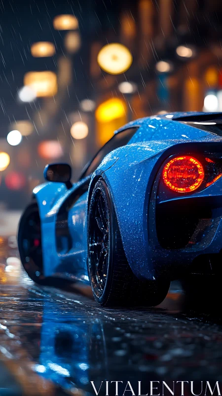 Midnight blue supercar glows against rain-soaked city neon.
