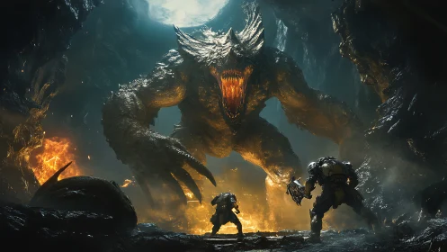 Colossal cavern behemoth bellows as armored hunters advance