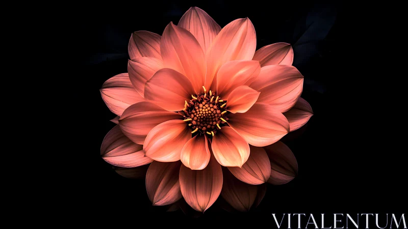 Coral dahlia with dark background botanical study.