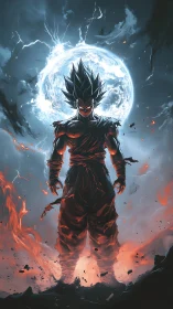 Warrior stands against cosmic storm in blazing ascension