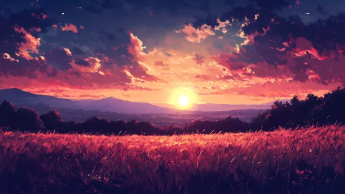 Sunset over distant hills and glowing wheat field scene.