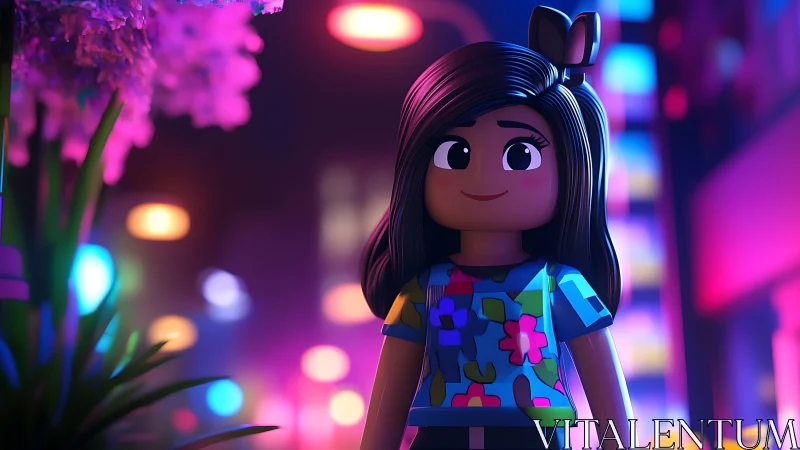 Plastic figure stands in neon-lit urban night environment