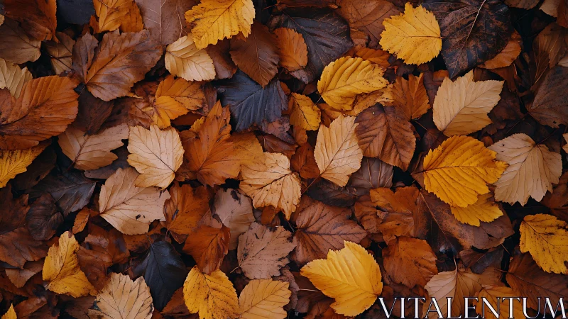 Golden autumn leaves create a warm seasonal forest carpet