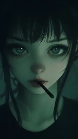 Digital portrait shows girl with e-cigarette in dim teal light