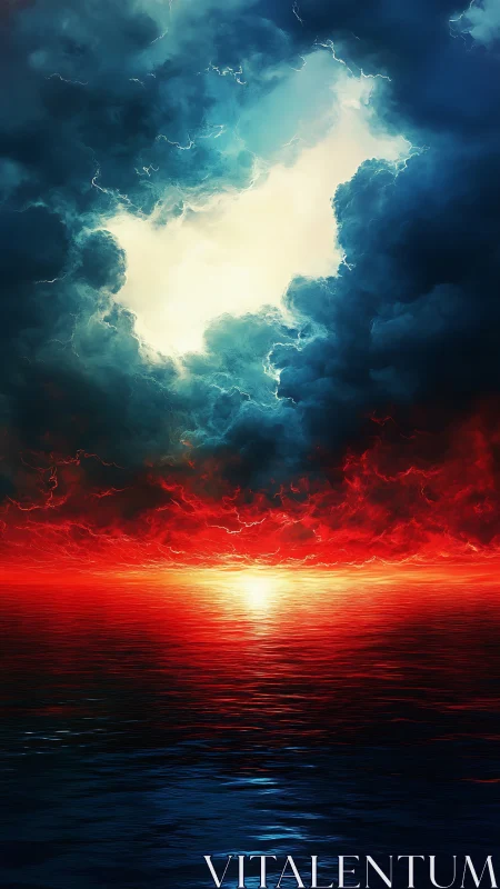 Storm-lit ocean horizon under blazing crimson sunset