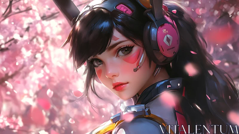 Headset-wearing female cyborg amid pink cherry blossoms.